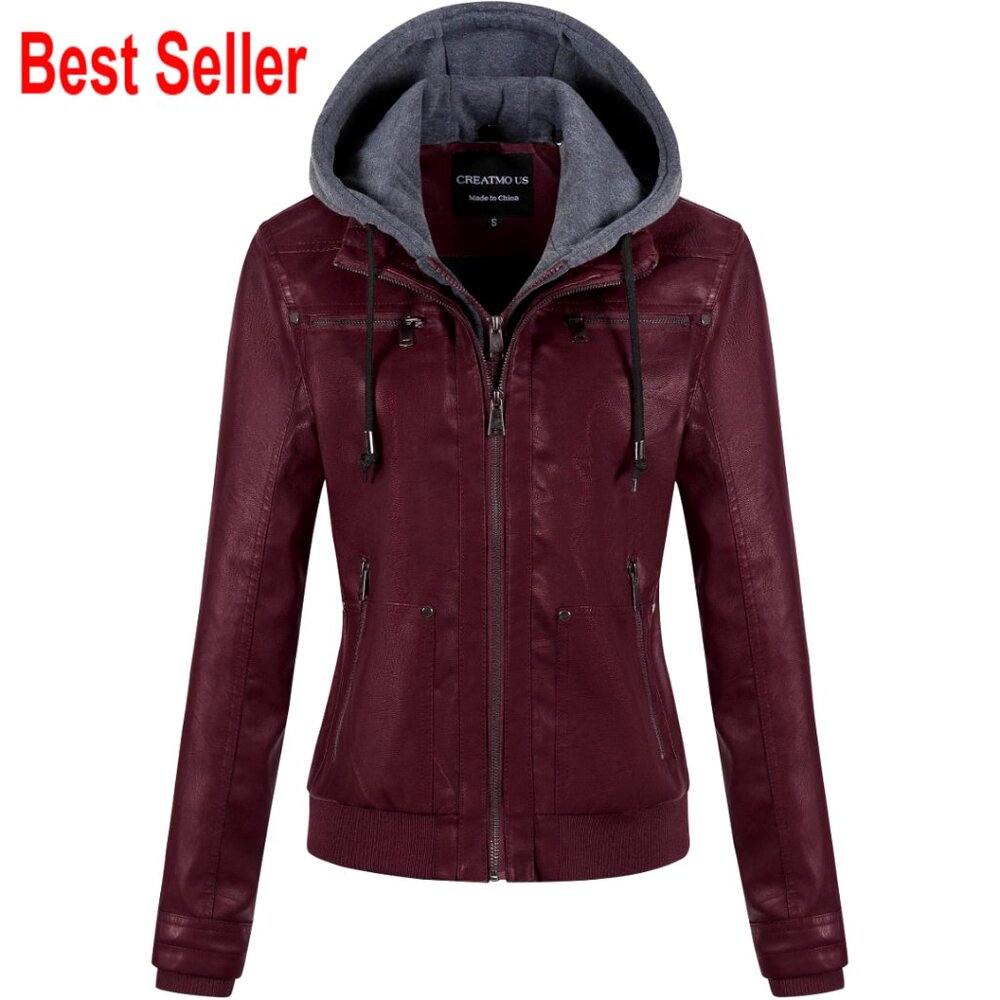 Women's Faux Leather Motorcycle Jacket with Removable Hood, Waterproof